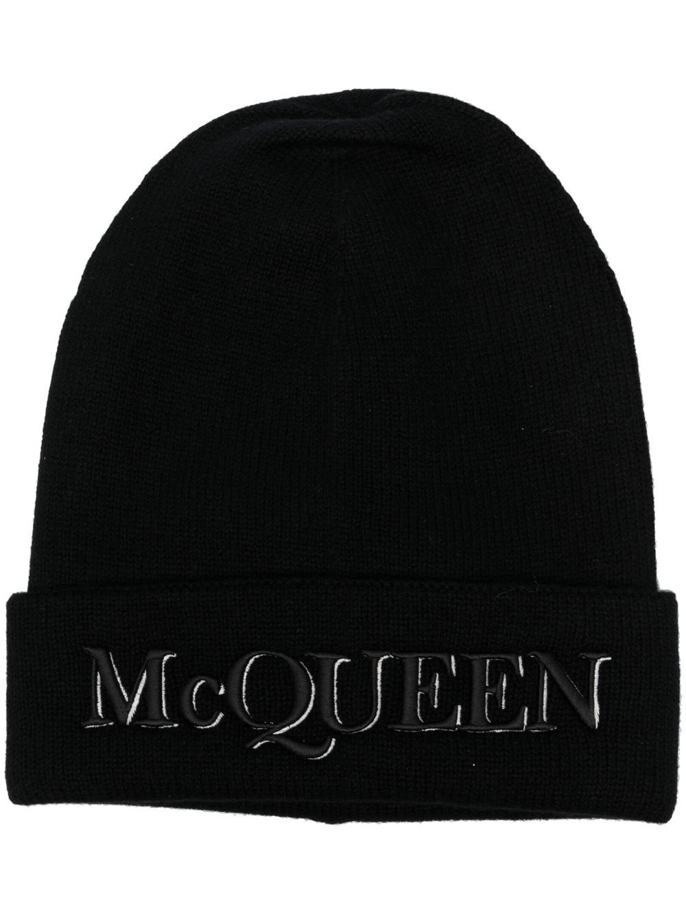 Alexander McQueen logo刺绣羊绒套头帽 - 黑色