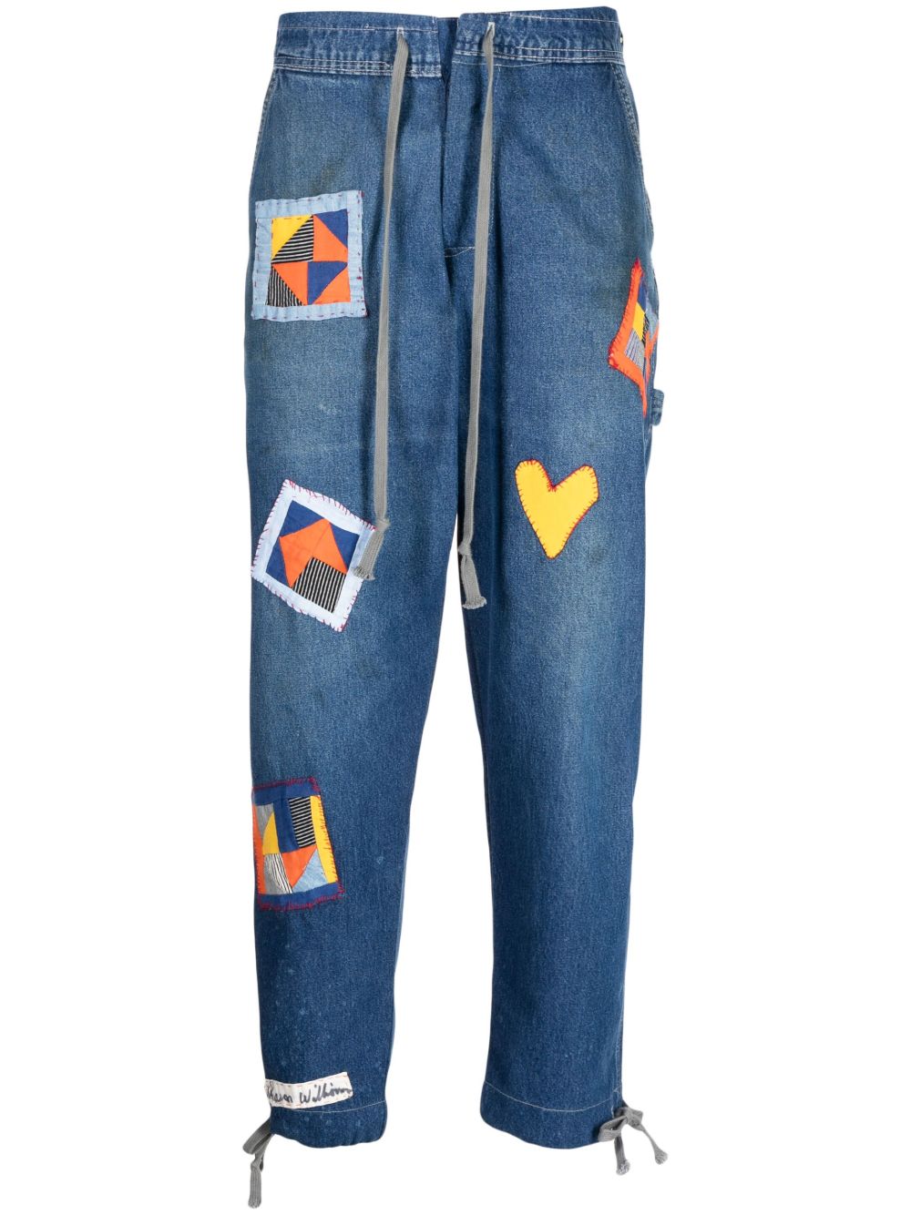 Greg Lauren 贴花细节抽绳牛仔裤 - 蓝色