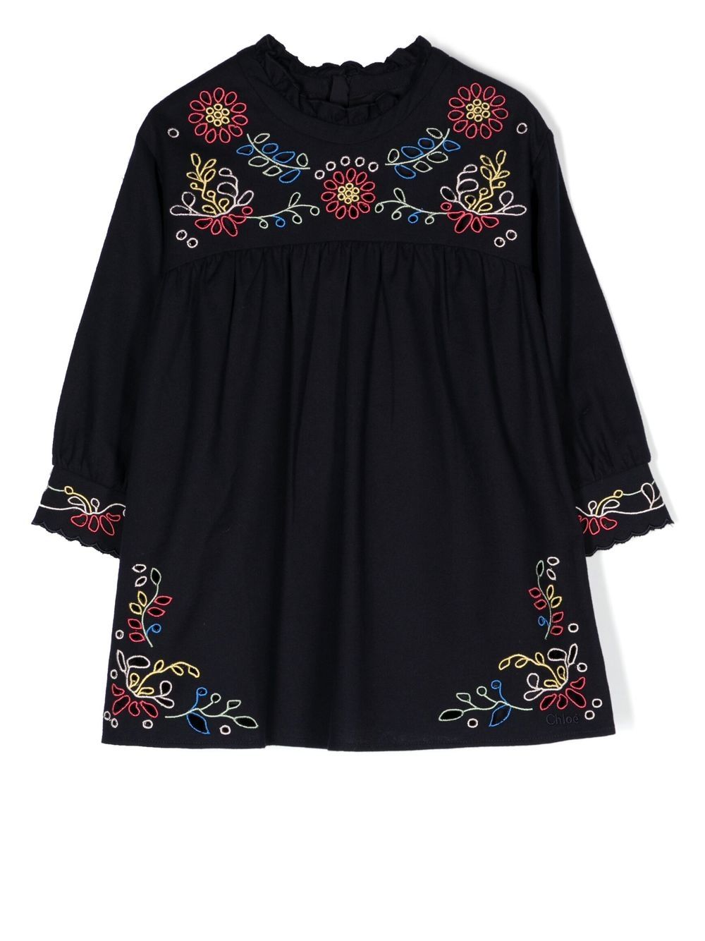 Chloé Kids 花卉刺绣长袖连衣裙 - 蓝色