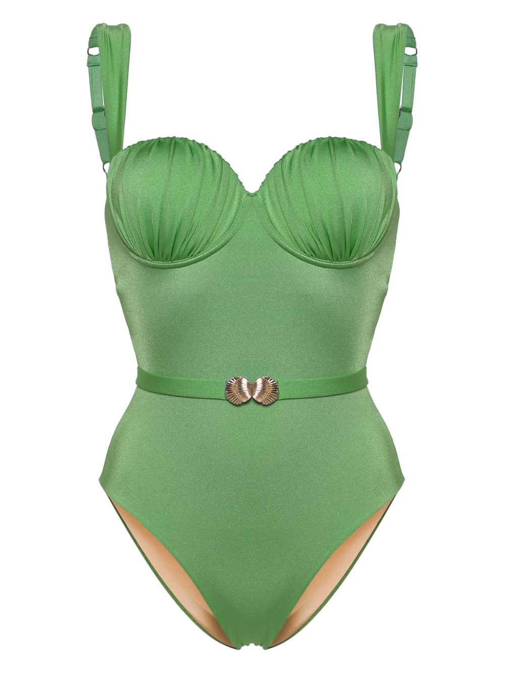 Noire Swimwear 束腰褶饰平台式连体泳衣 - 绿色