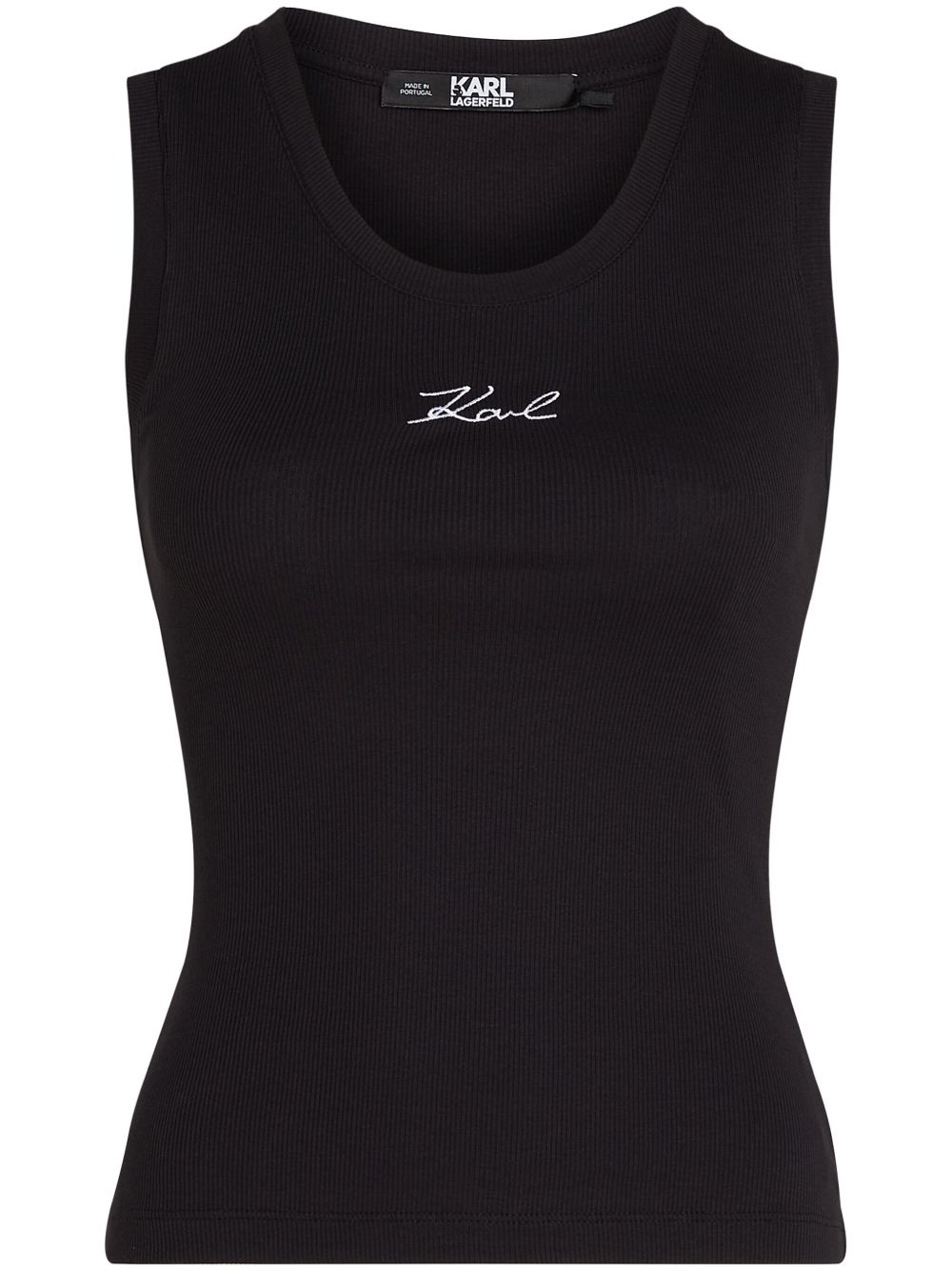 Karl Lagerfeld logo刺绣罗纹坦克背心 - 黑色