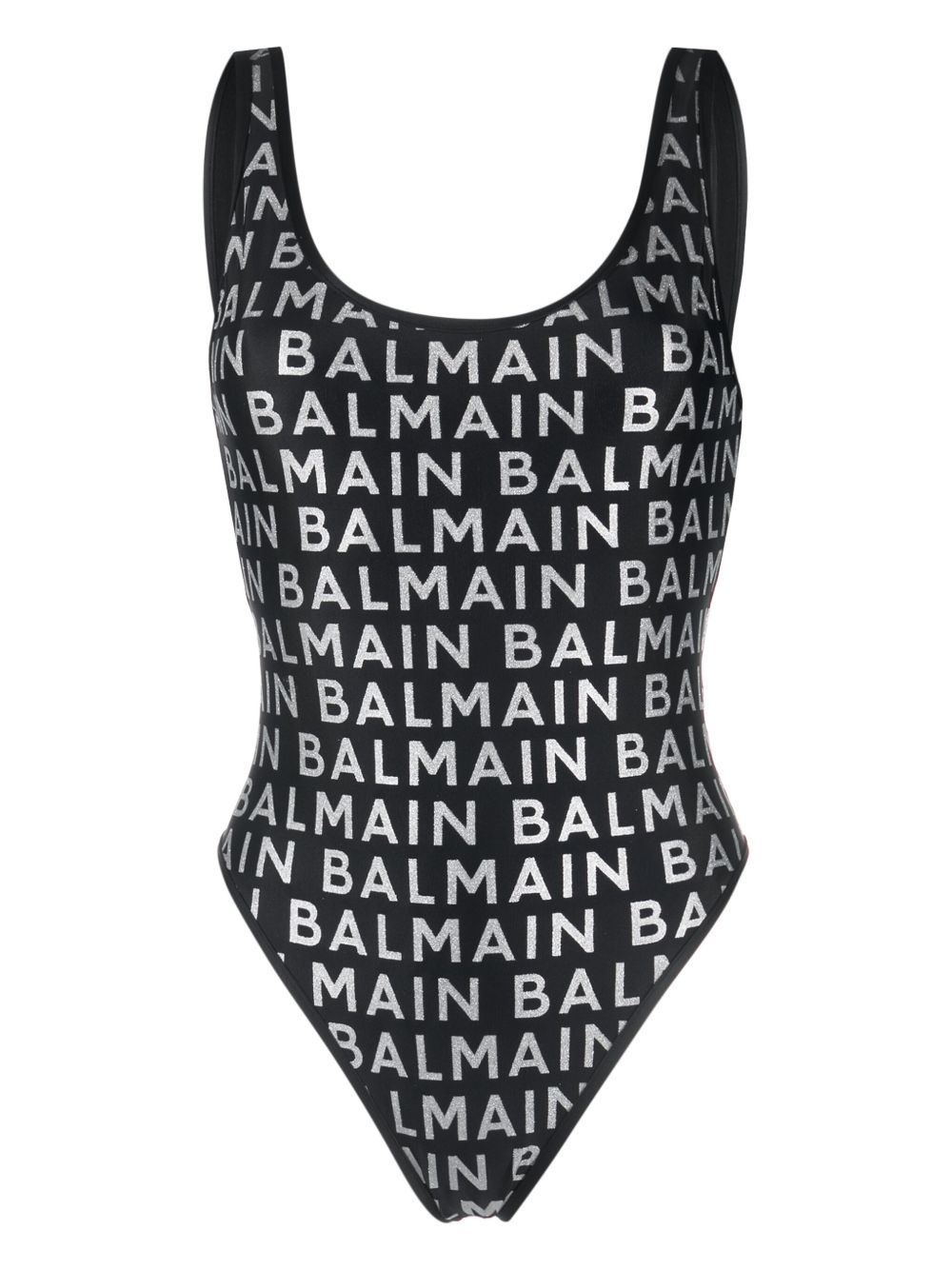 Balmain logo印花大圆领连体泳衣 - 黑色