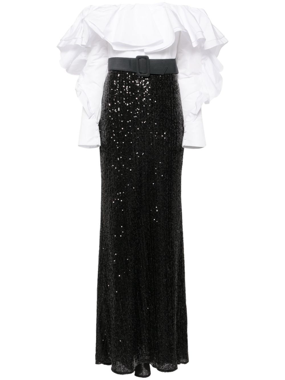 Badgley Mischka 亮片荷叶边礼服 - 黑色