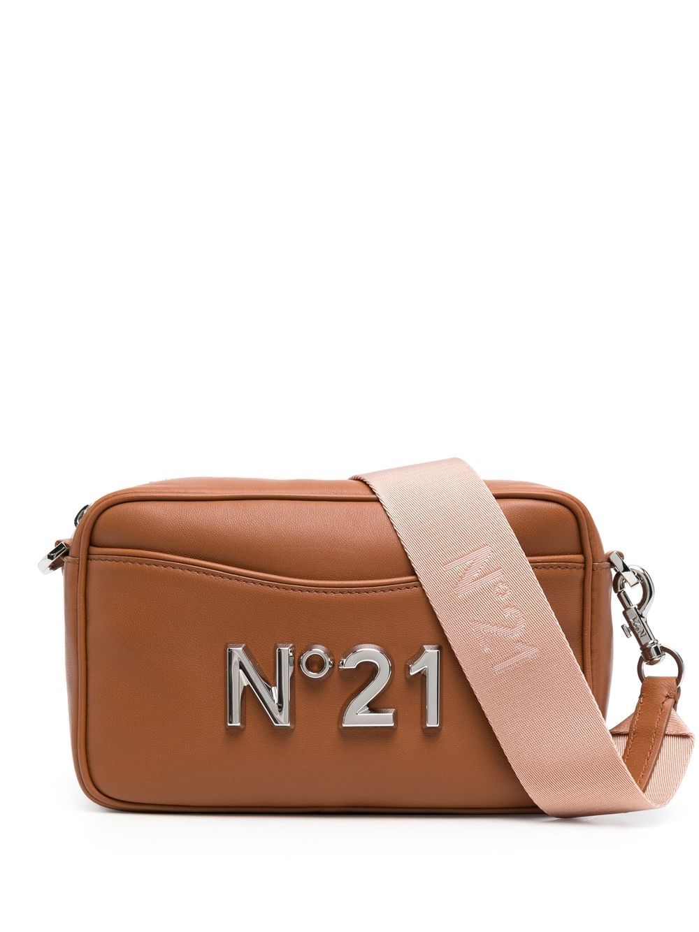 Nº21 logo标牌皮质斜挎包 - 褐色