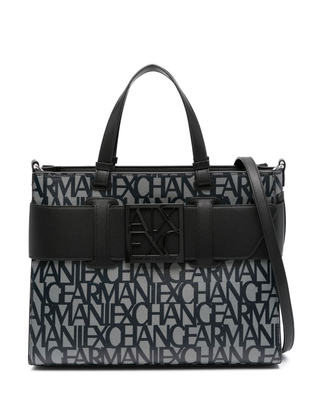 Armani Exchange logo印花拉链开合手提包 - 黑色