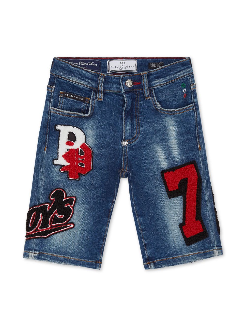 Philipp Plein Junior 贴花牛仔短裤 - 蓝色