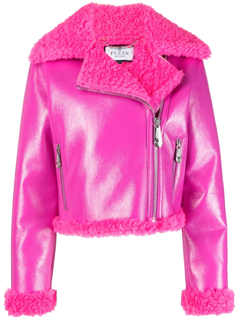 Philipp Plein 人造皮毛一体边饰机车夹克 - 粉色