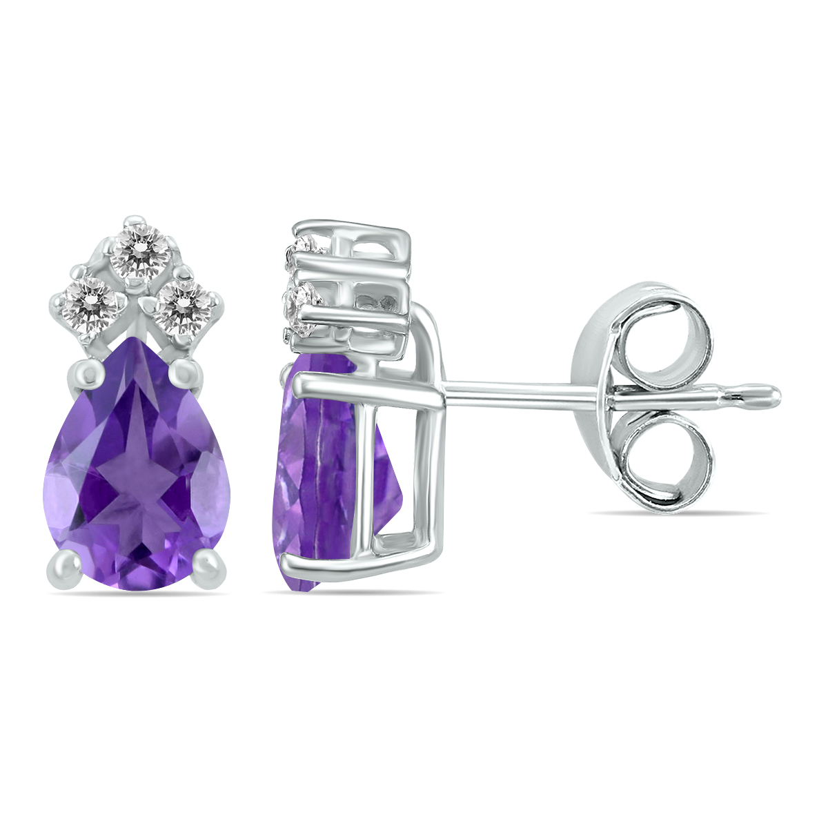 14K White Gold 6x4MM Pear Amethyst and Three Stone Diamond Earrings