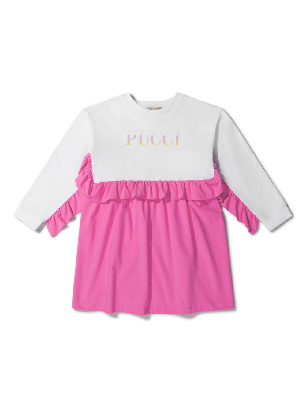 PUCCI Junior logo印花荷叶边连衣裙 - 白色