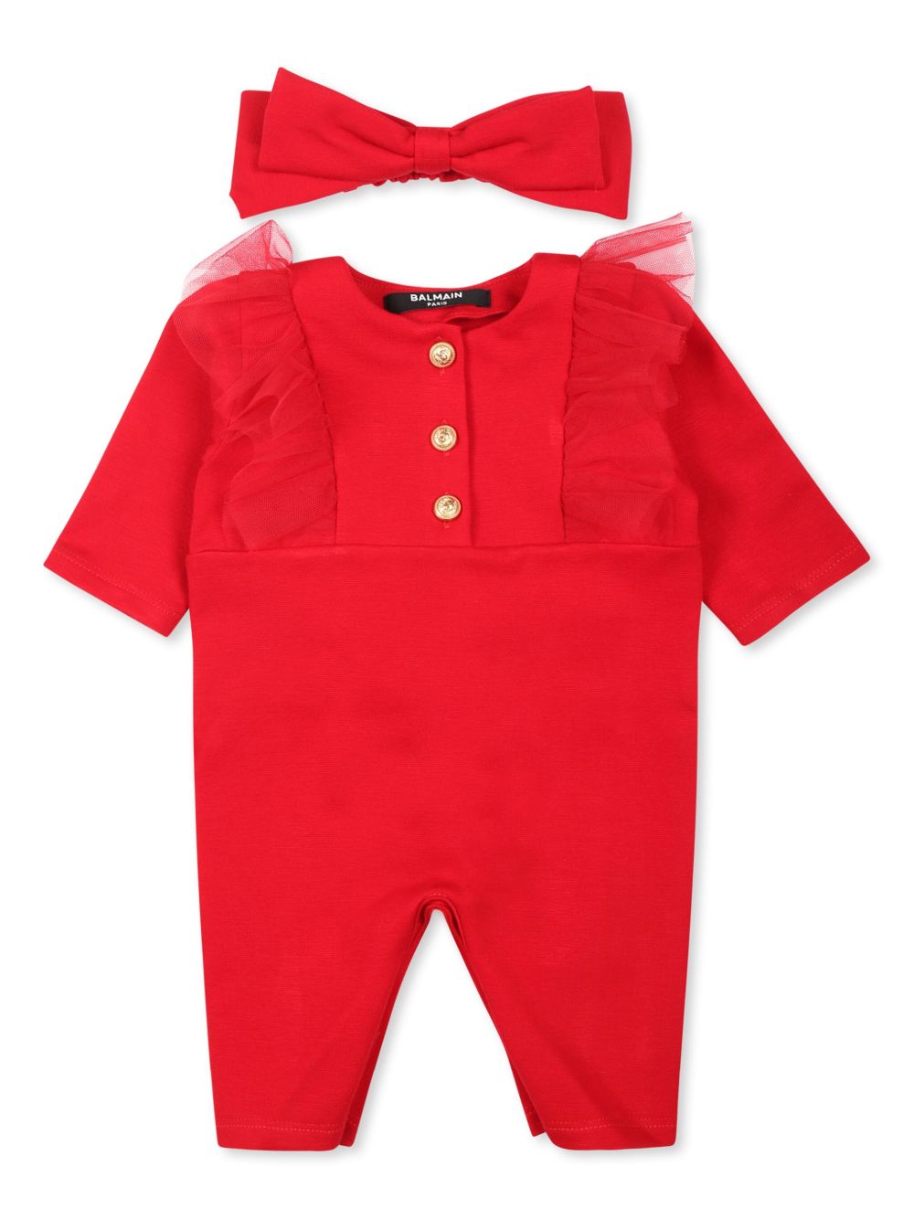 Balmain Kids 荷叶边细节连体衣 - 红色