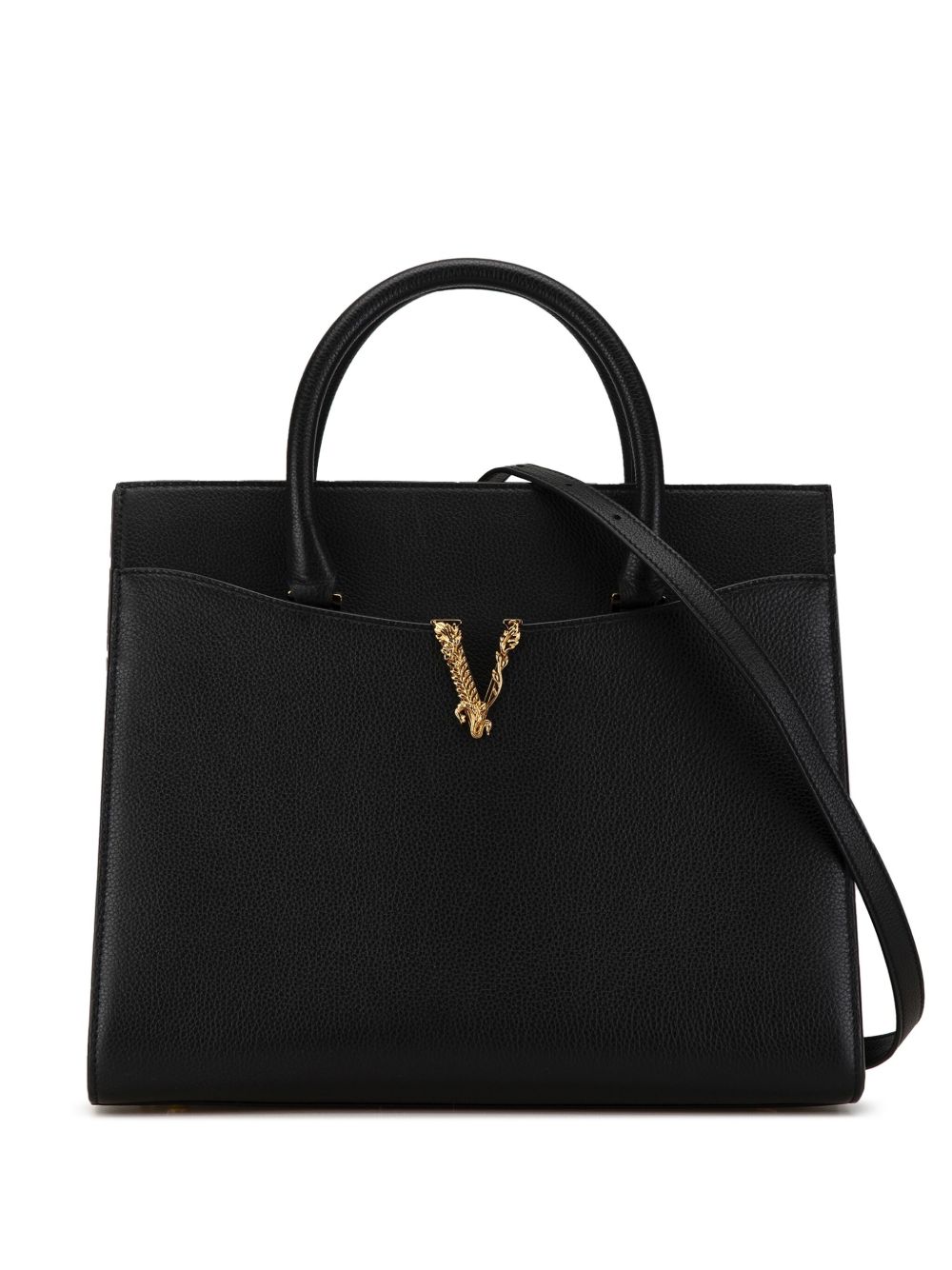 Versace Pre-Owned Virtus 大号粒面小牛皮顶置手柄斜挎包（2015-2024年典藏款） - 黑色