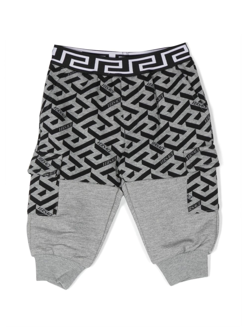 Versace Kids La Greca 对比拼接印花运动裤 - 灰色