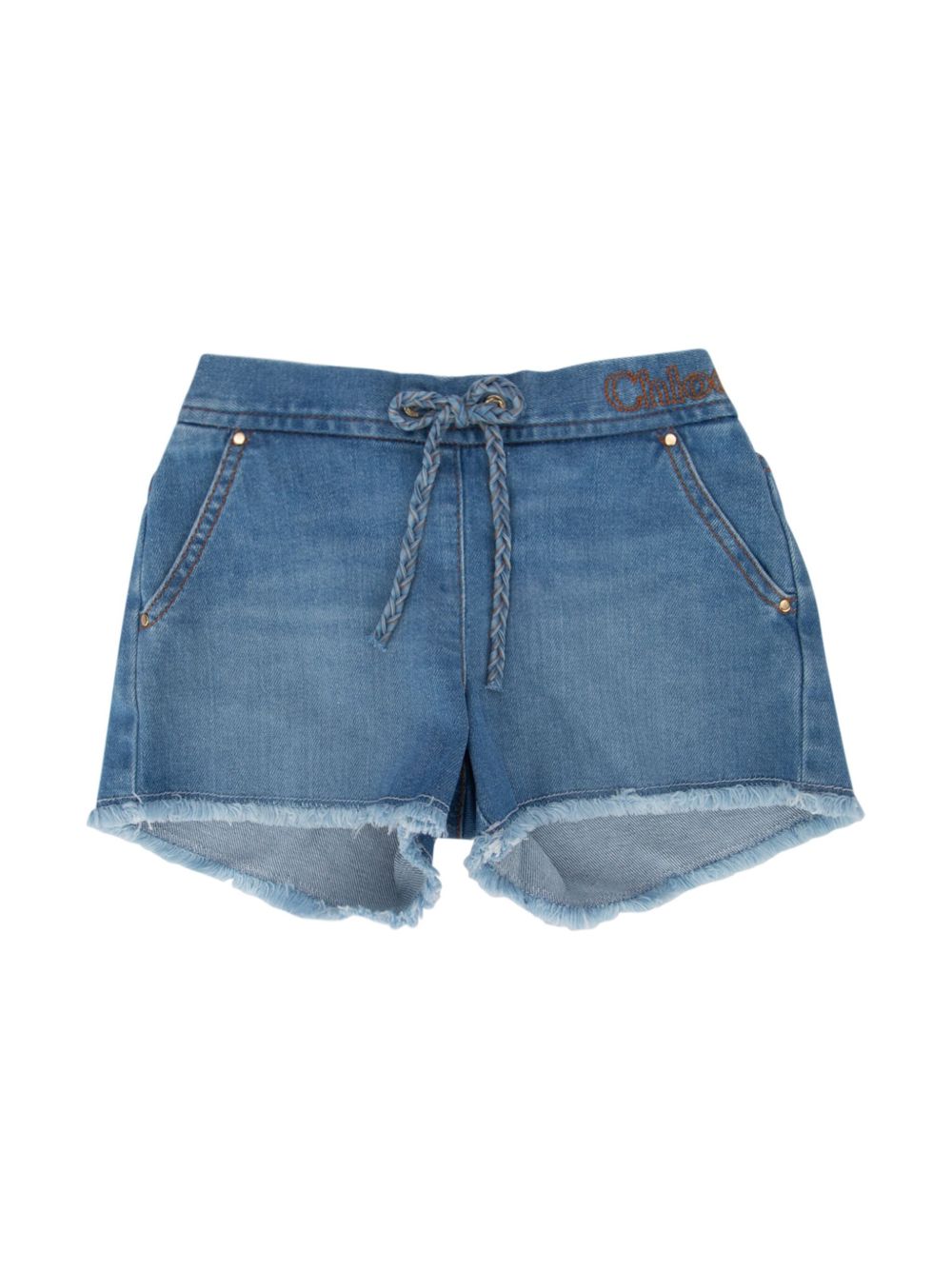 Chloé Kids logo刺绣短裤 - 蓝色