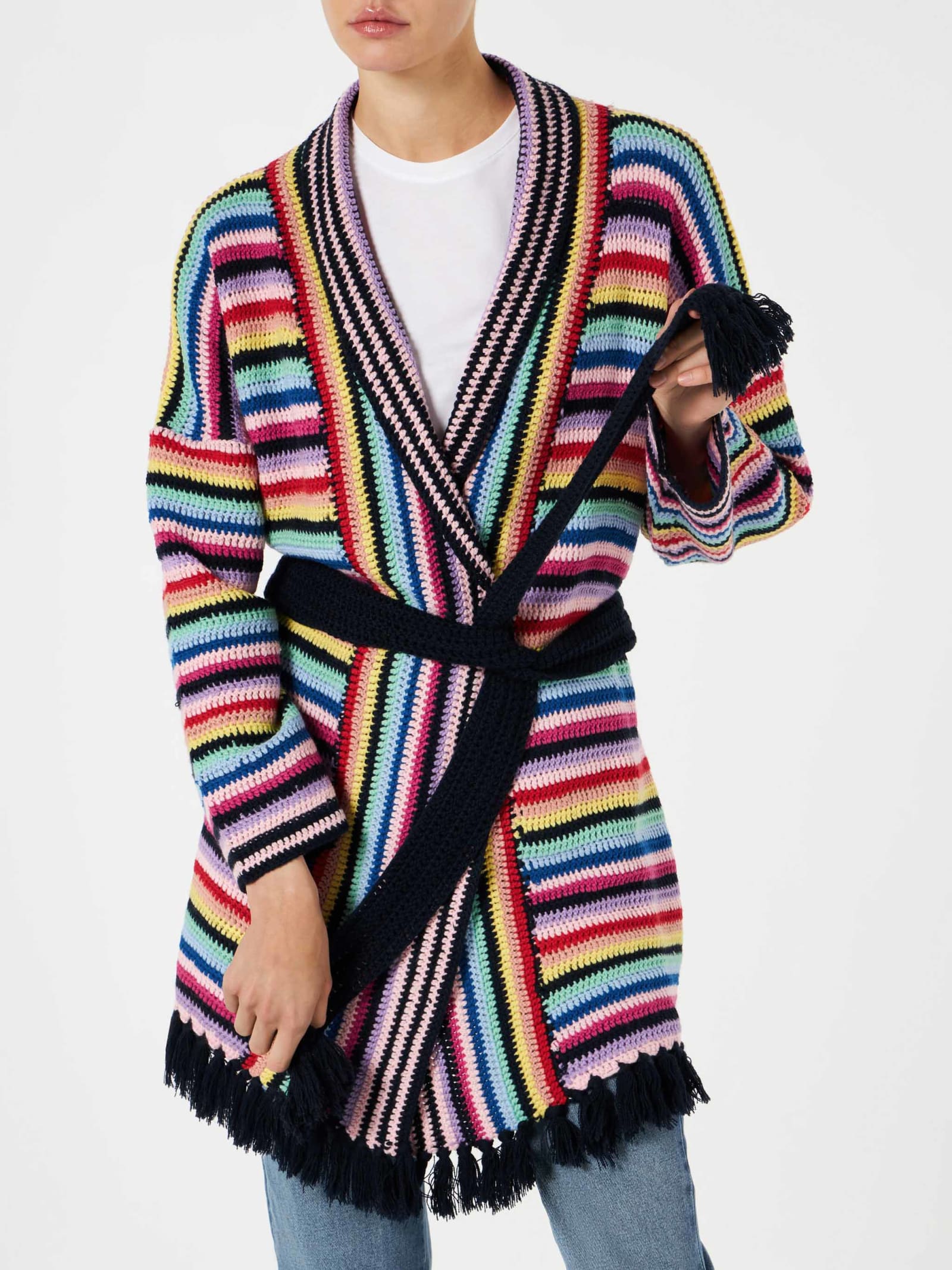 MC2 Saint Barth Multicolor Crochet Coat With Belt