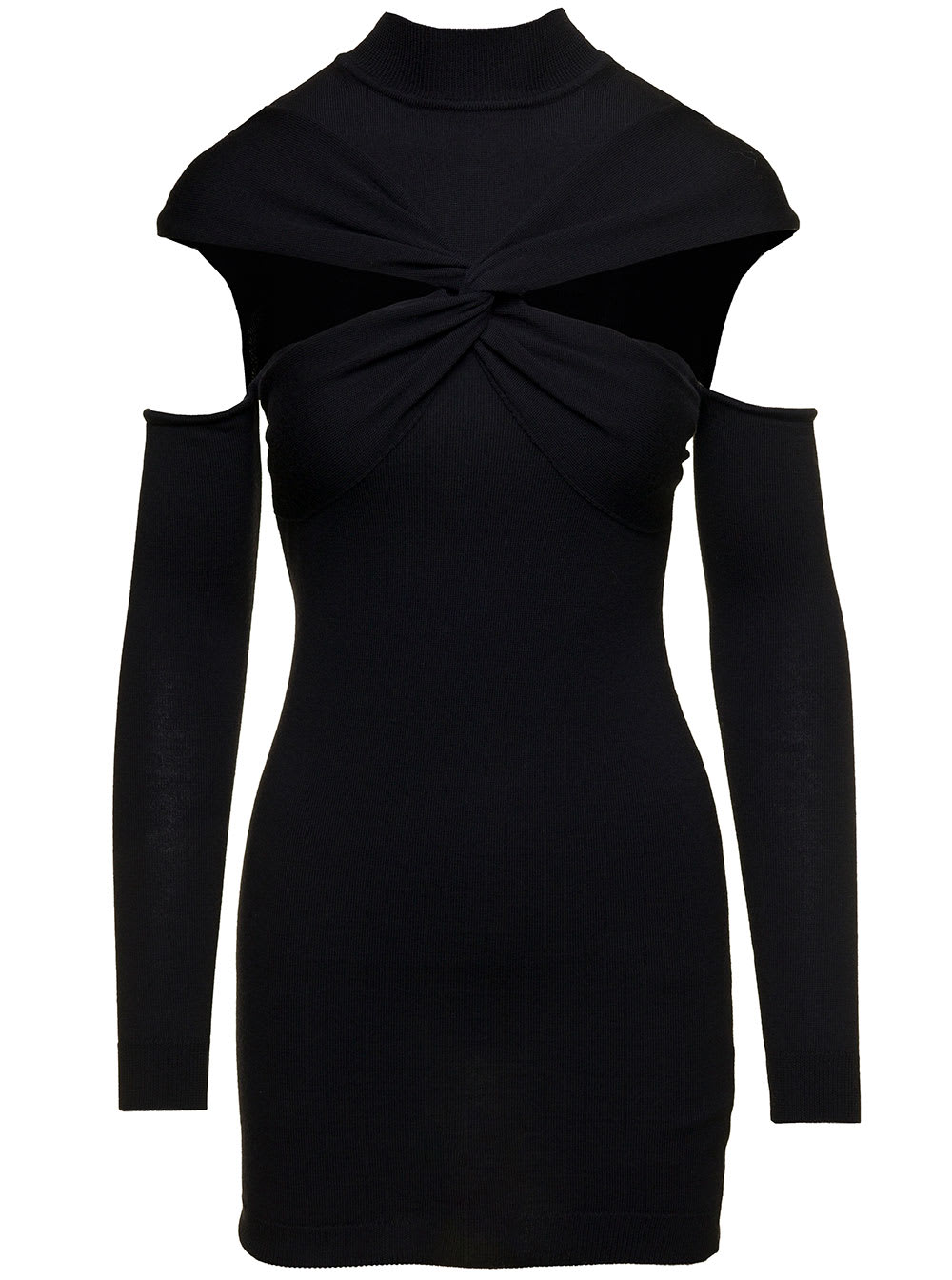 Coperni Mini Black Dress With Mock Neck And Twisted Cut-out In Wool Woman