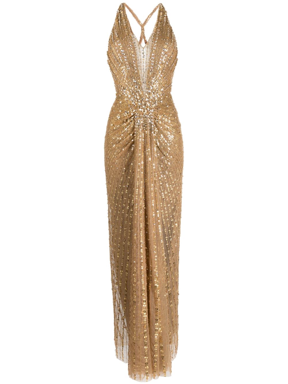 Jenny Packham Lana 晶饰挂脖连衣裙 - 金色