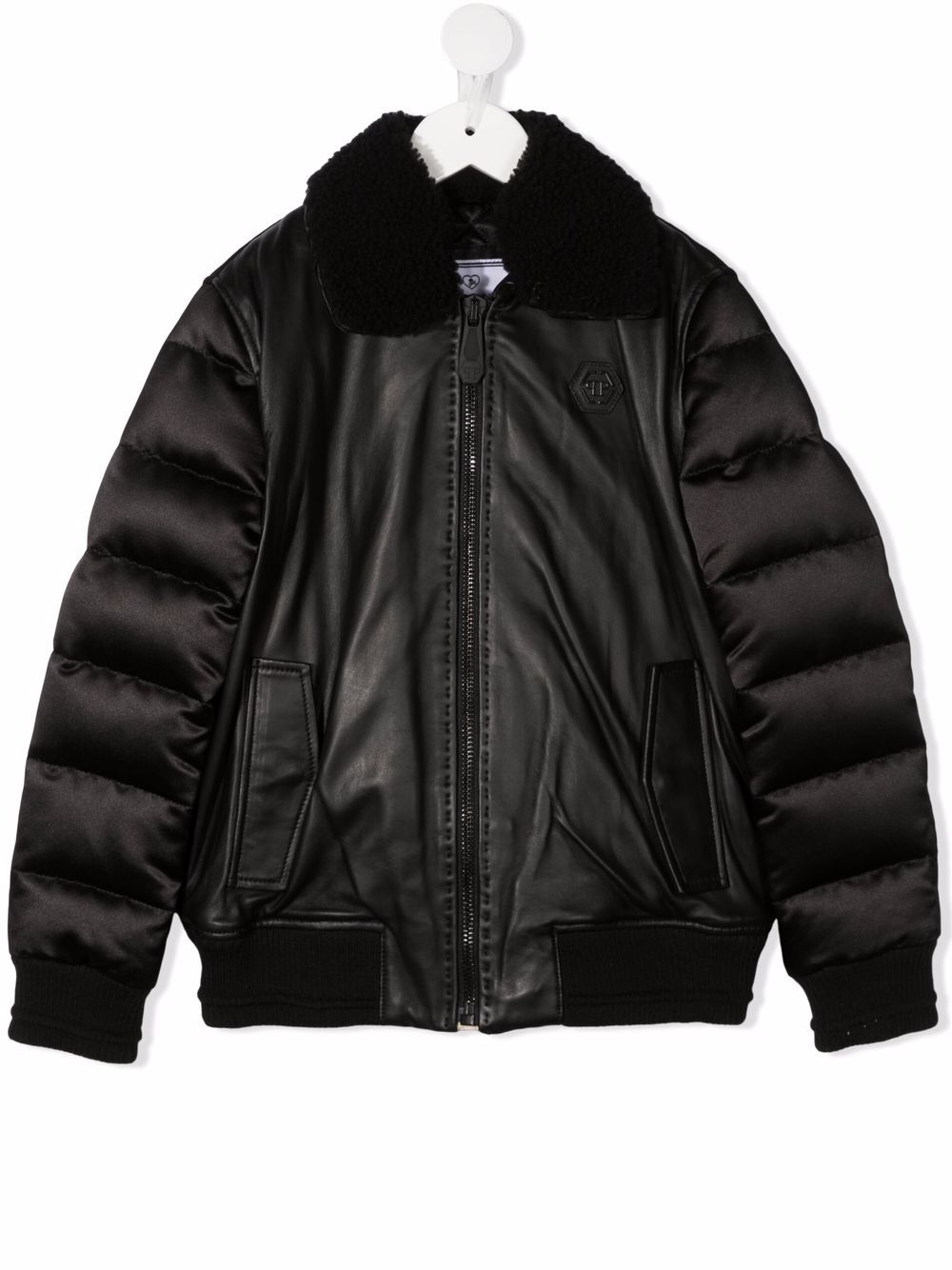 Philipp Plein Junior Iconic Plein 填充拼接飞行员夹克 - 黑色