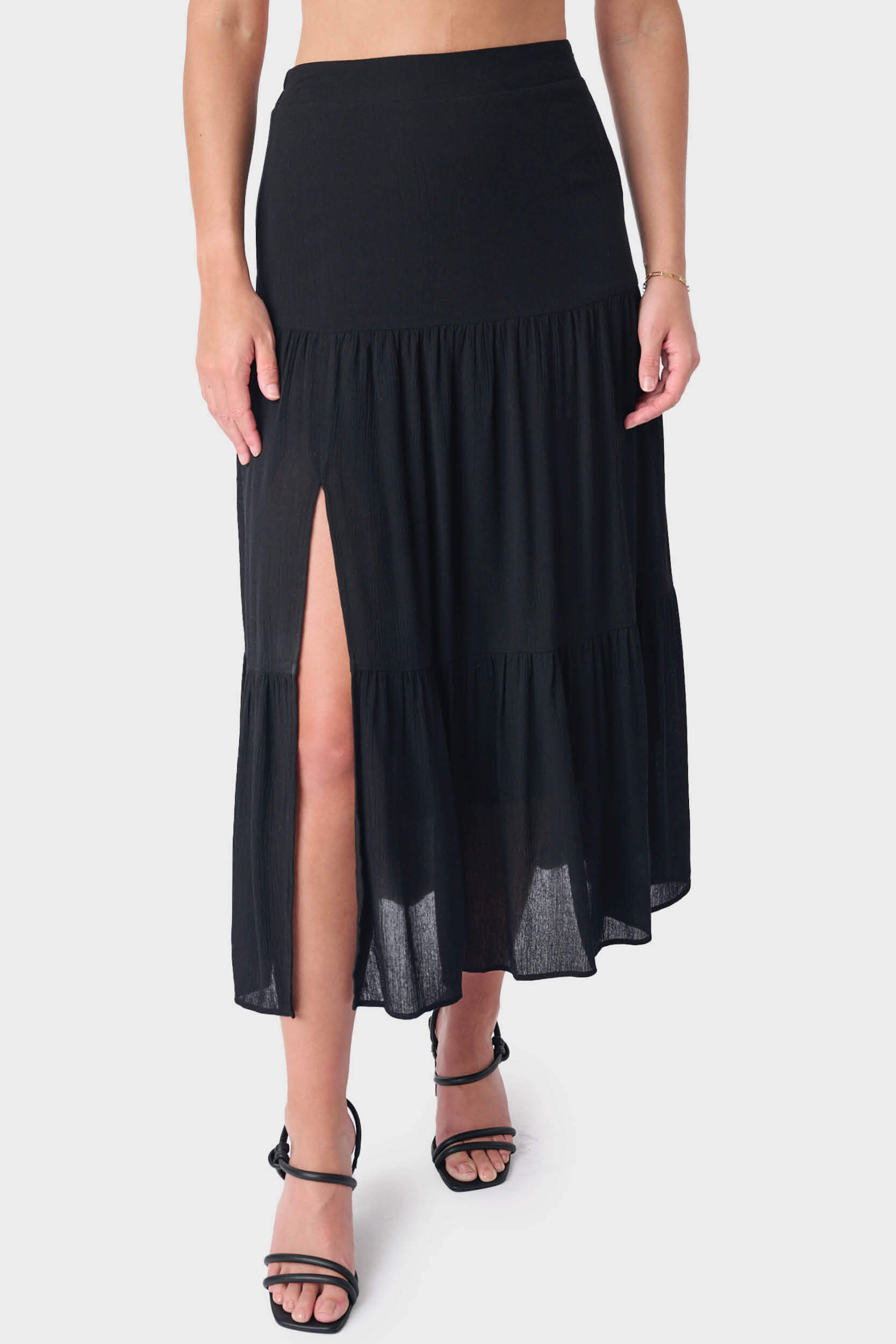Tiered Maxi Skirt With Offset Front Slit - Black M