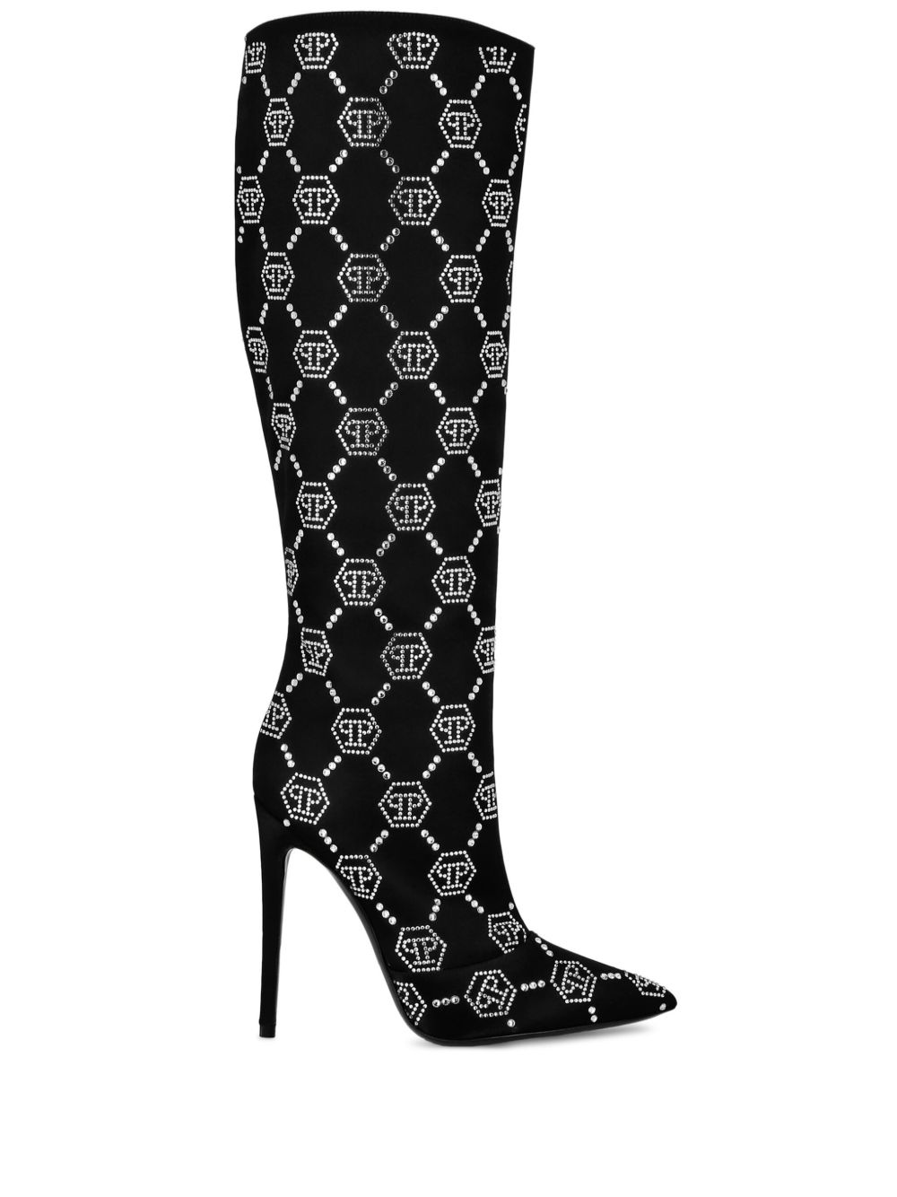 Philipp Plein 经典logo图案缎面靴（12厘米） - 黑色