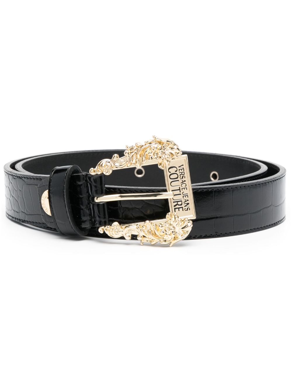 Versace Jeans Couture logo雕刻扣环皮质腰带 - 黑色