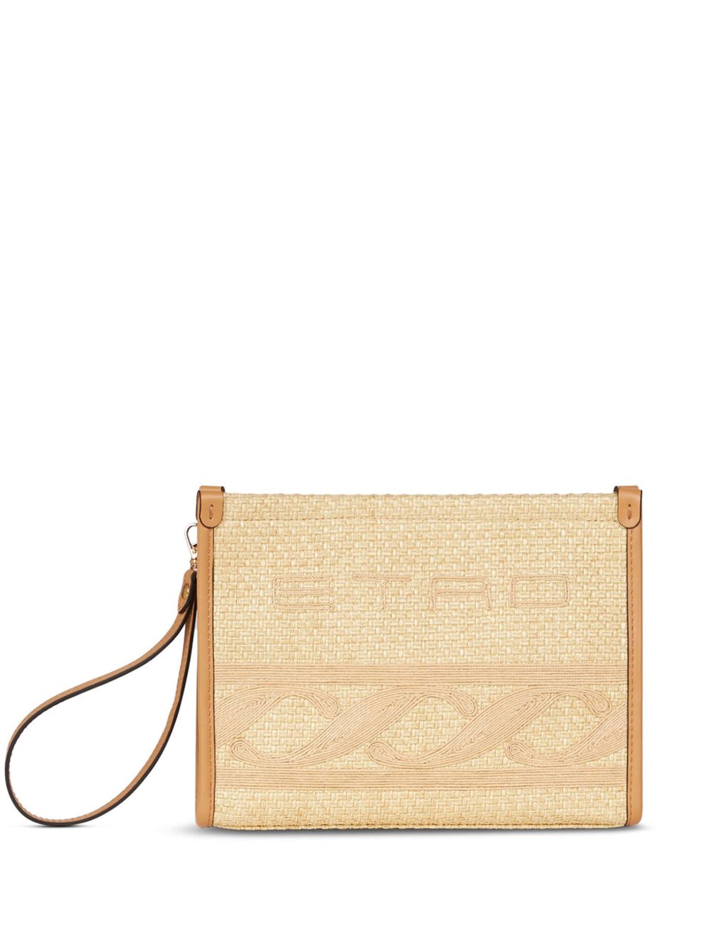 ETRO logo刺绣拉菲草手拿包 - 中性色