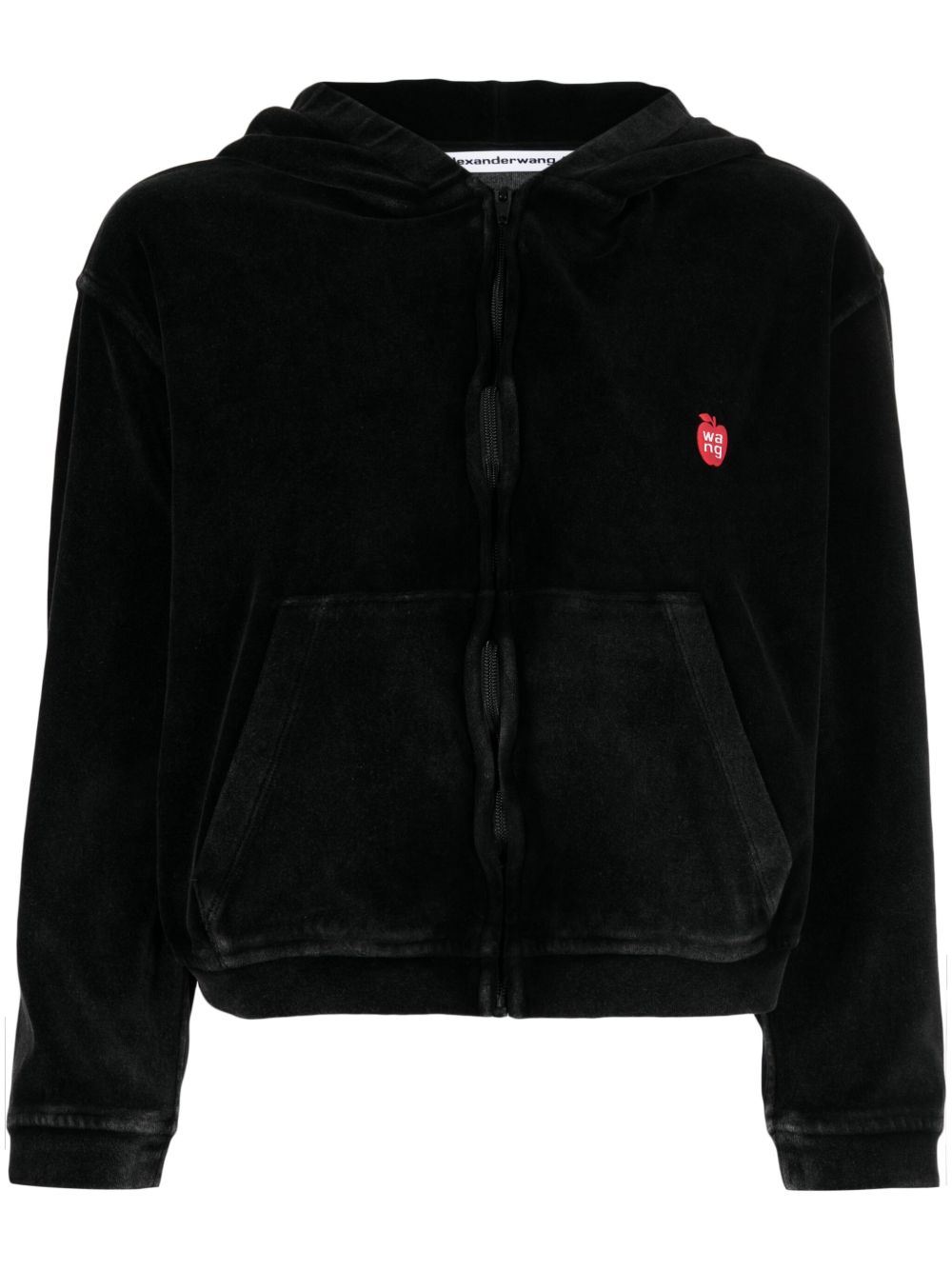 Alexander Wang logo贴花丝绒拉链连帽衫 - 黑色