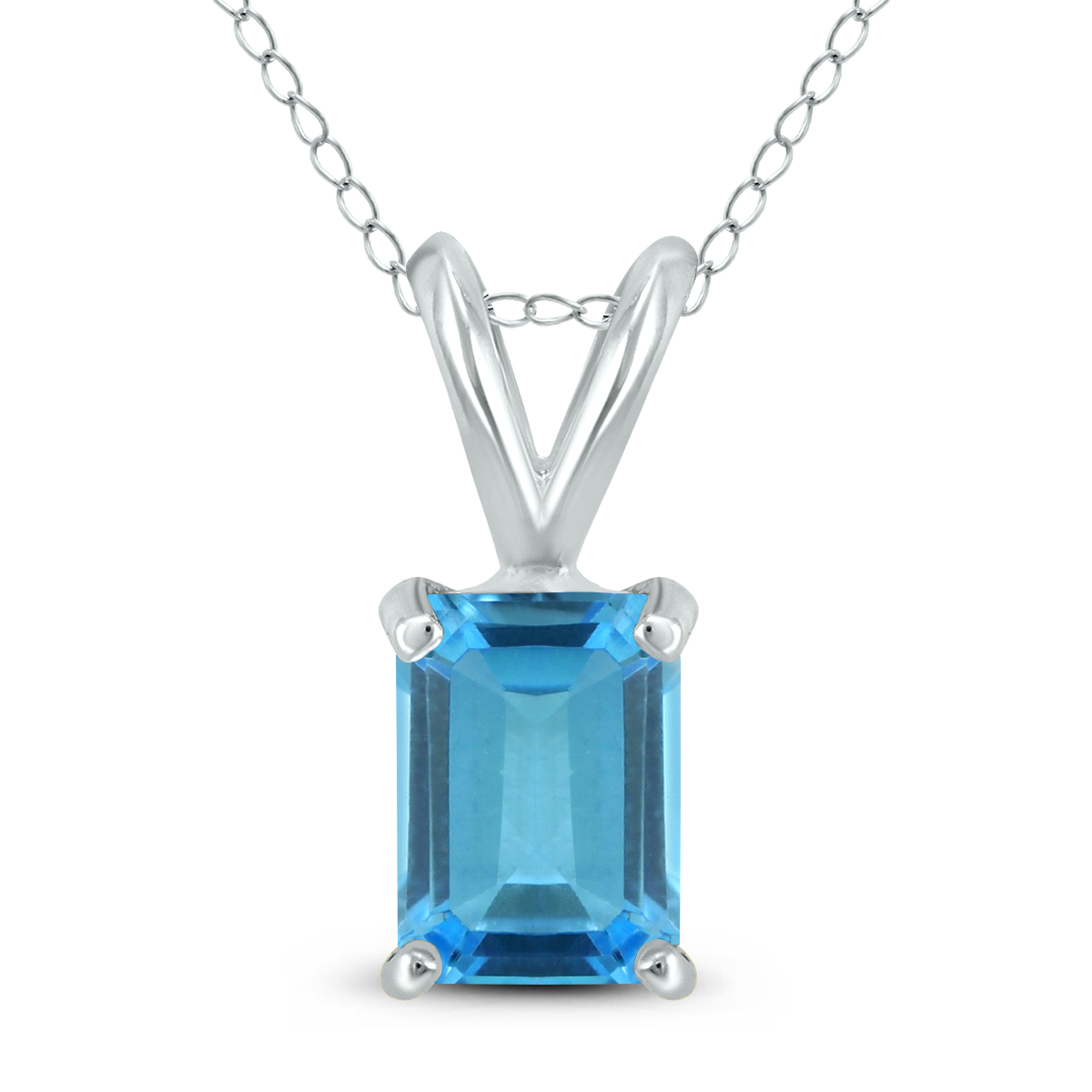 14K White Gold 6x4MM Emerald Shaped Blue Topaz Pendant