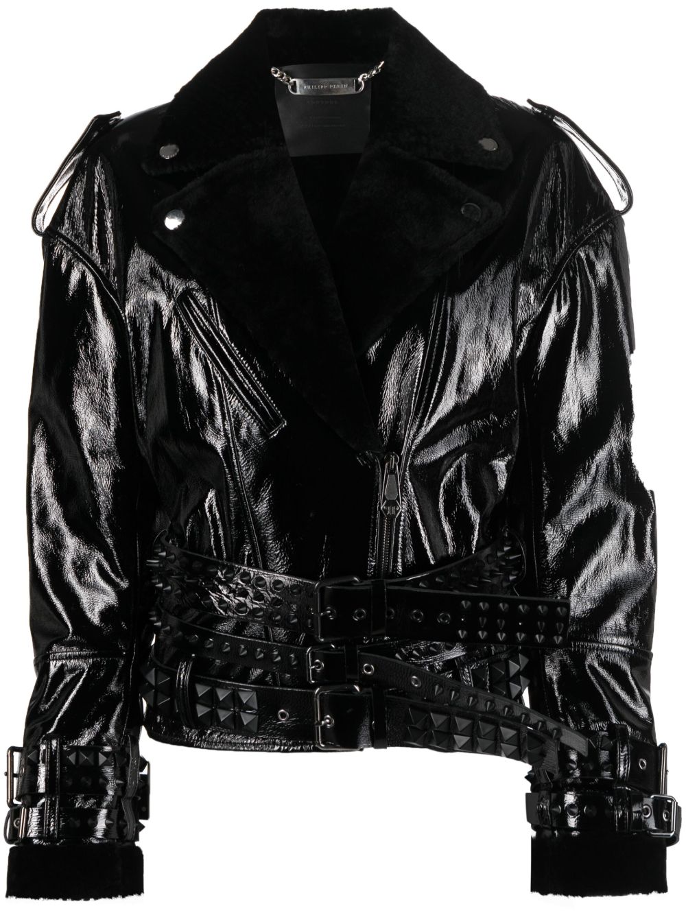 Philipp Plein 皮毛一体领漆皮夹克 - 黑色