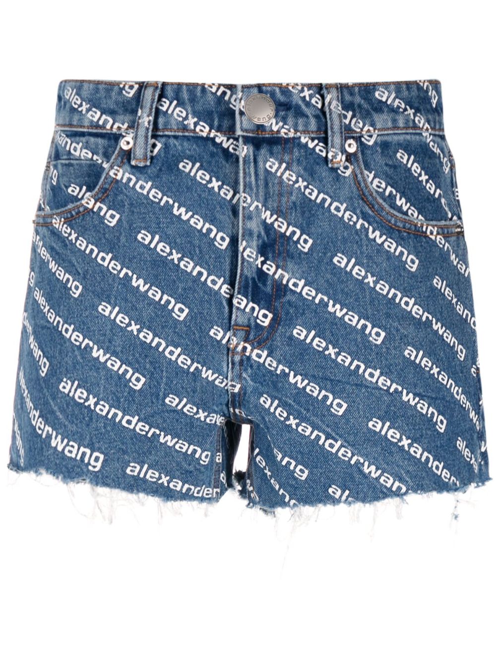 Alexander Wang logo印花牛仔短裤 - 蓝色