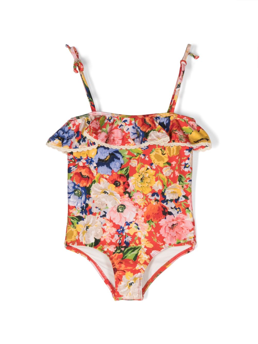 ZIMMERMANN Kids 花卉印花荷叶边连体泳衣 - 红色