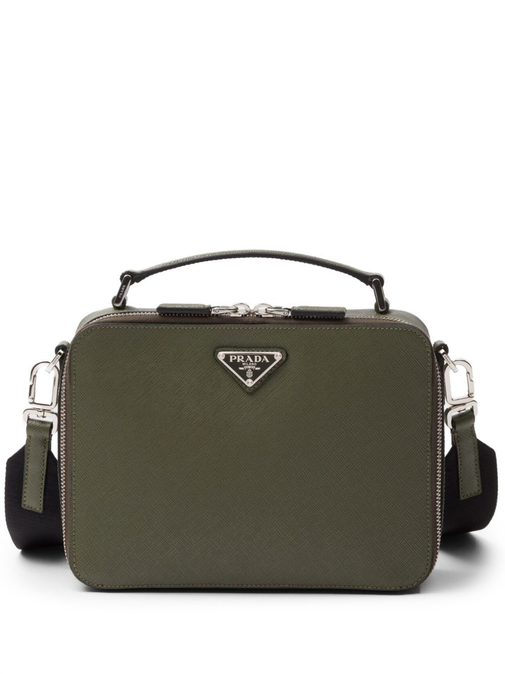 Prada Saffiano 中号珐琅三角形logo两用手提包 - 绿色
