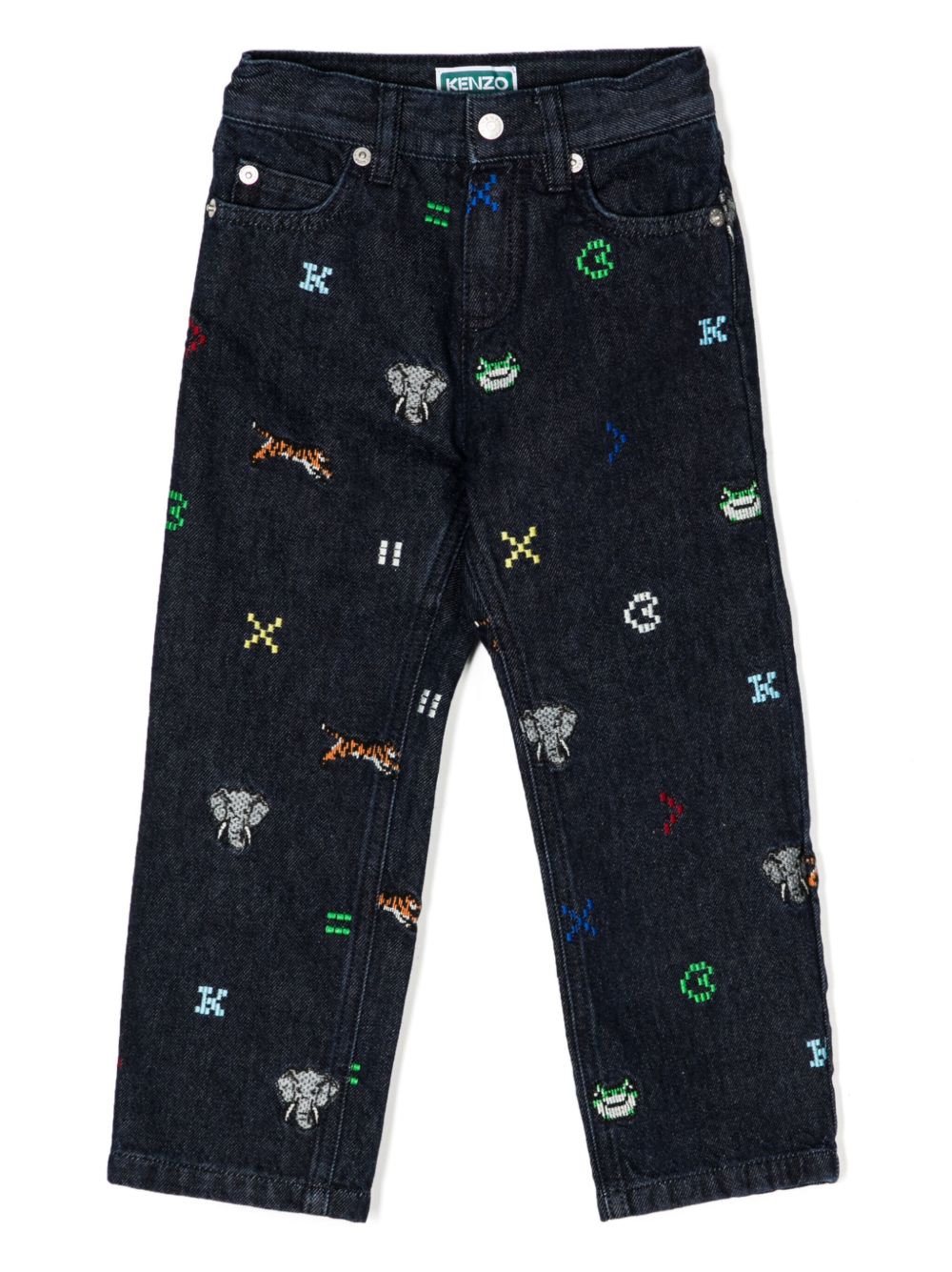 Kenzo Kids 刺绣图案牛仔裤 - 蓝色
