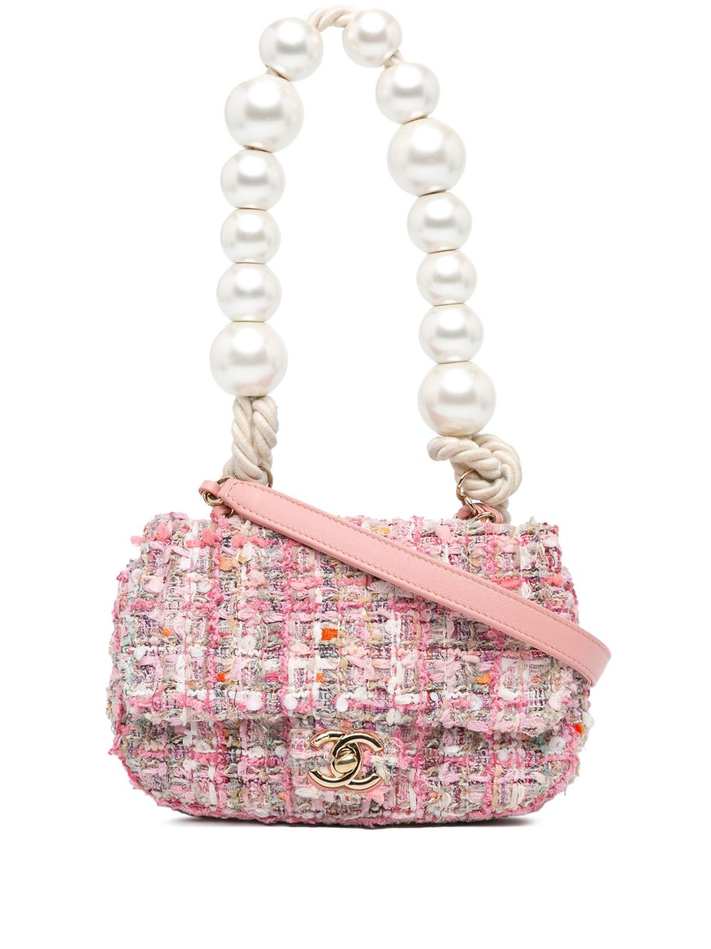 CHANEL Pre-Owned Flap 中号粗花呢珠饰手柄斜挎包（2019年典藏款） - 粉色