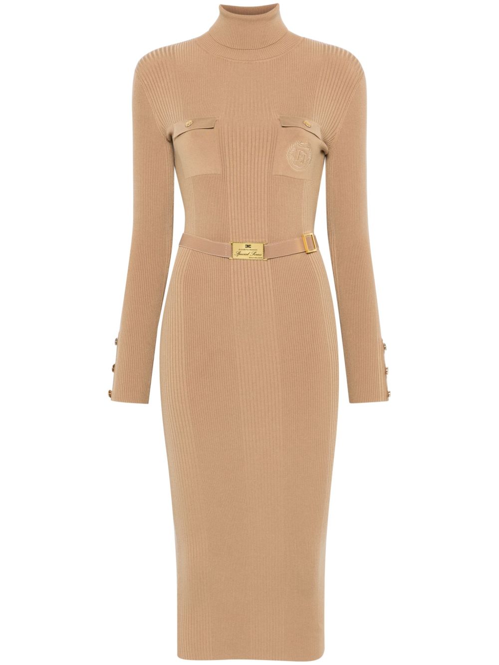 Elisabetta Franchi logo刺绣中长连衣裙 - 褐色