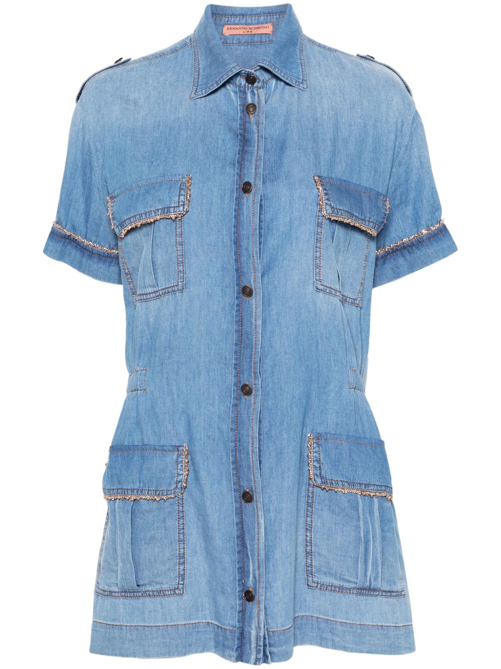 Ermanno Scervino 搭链边饰钱布雷布衬衫 - 蓝色