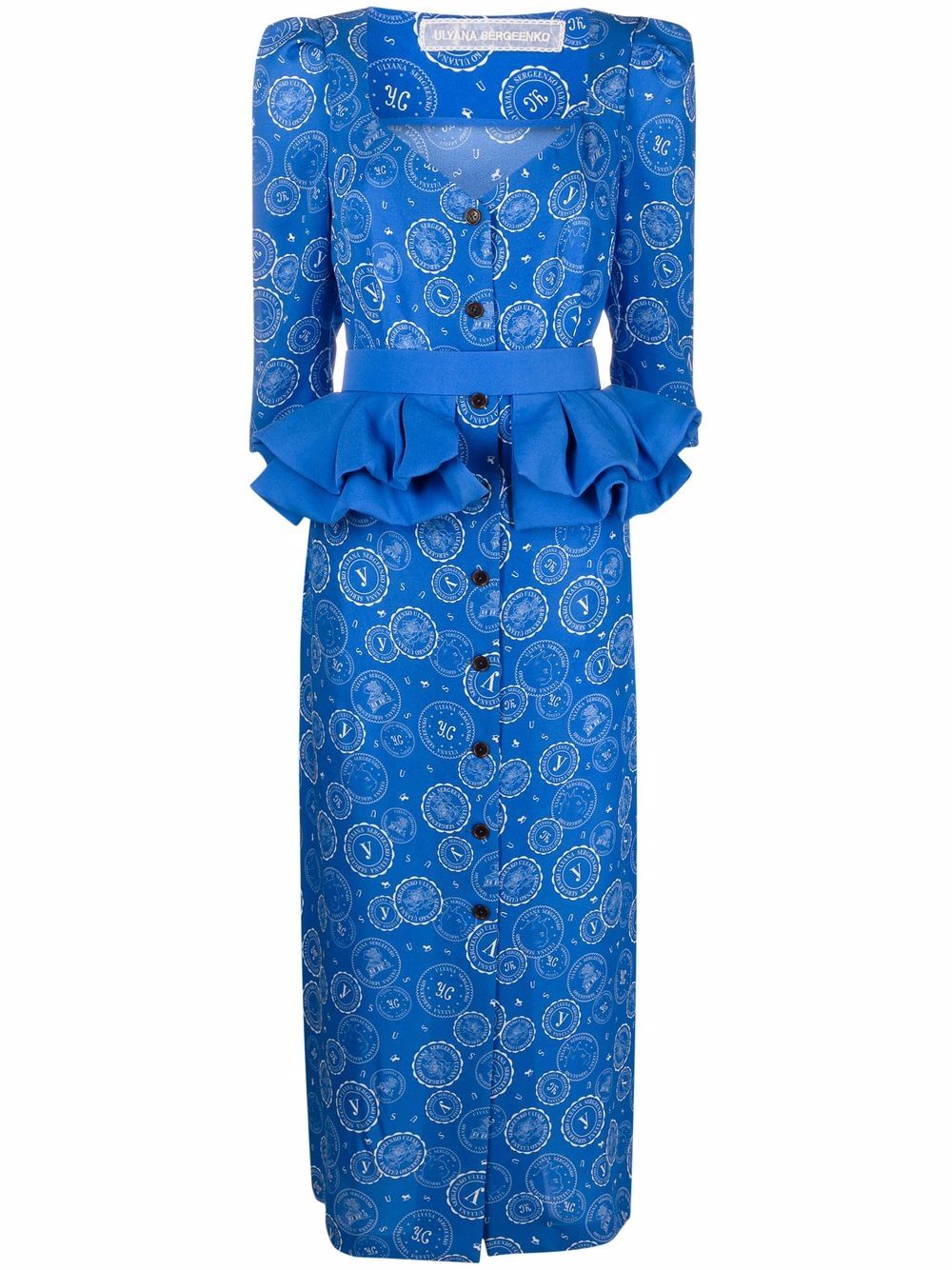 Ulyana Sergeenko logo印花荷叶边中长连衣裙 - 蓝色