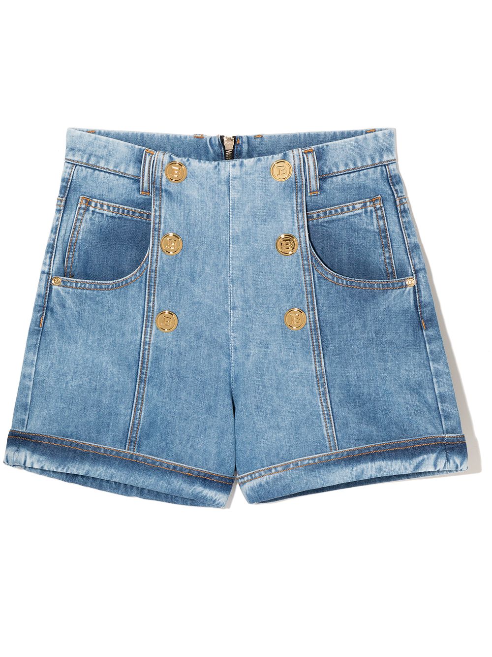 Balmain Kids 巴尔曼 装饰性纽扣牛仔短裤 - 蓝色
