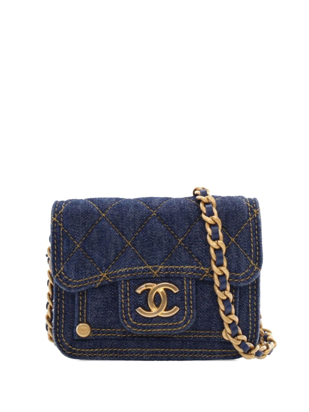 CHANEL Pre-Owned CC Double You Card Holder 迷你绗缝牛仔搭链斜挎包（2021-2024年典藏款） - 蓝色