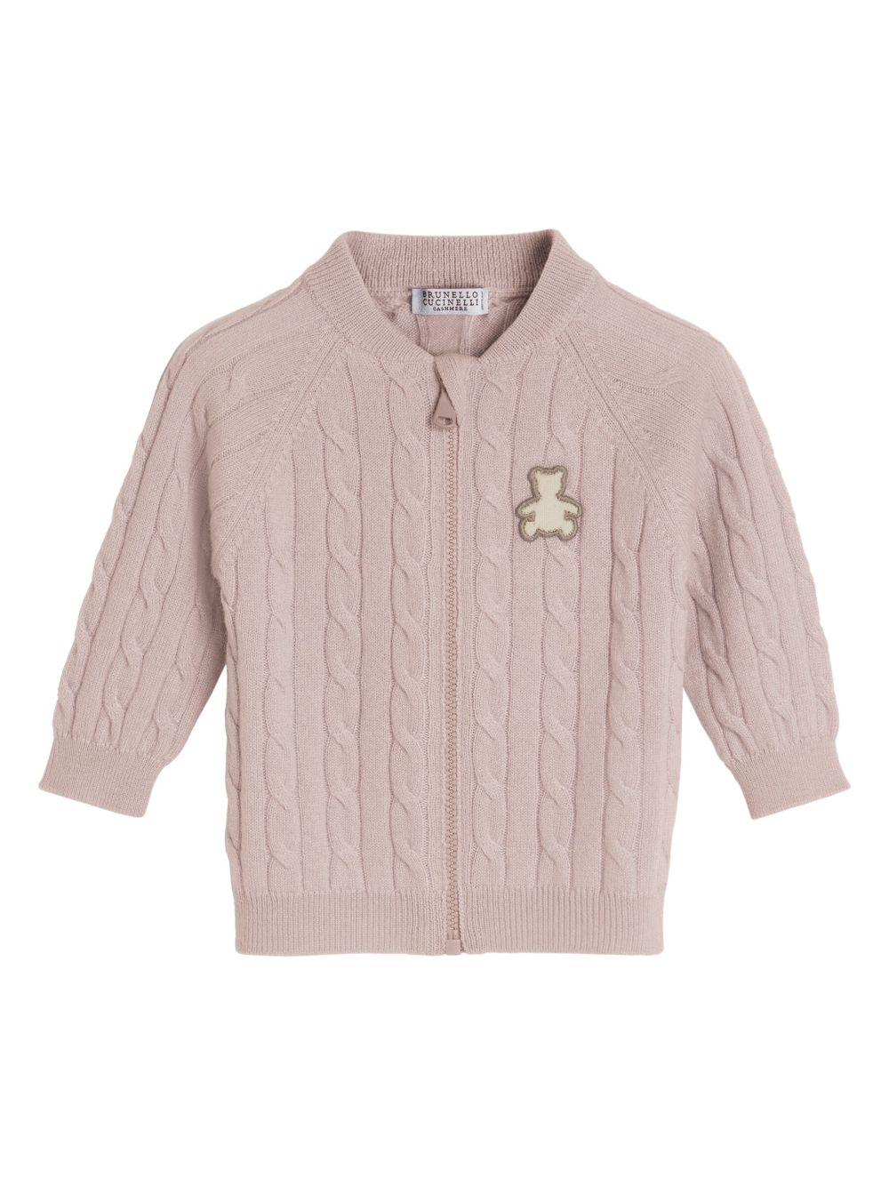Brunello Cucinelli Kids 羊绒粗绞花针织开衫 - 粉色