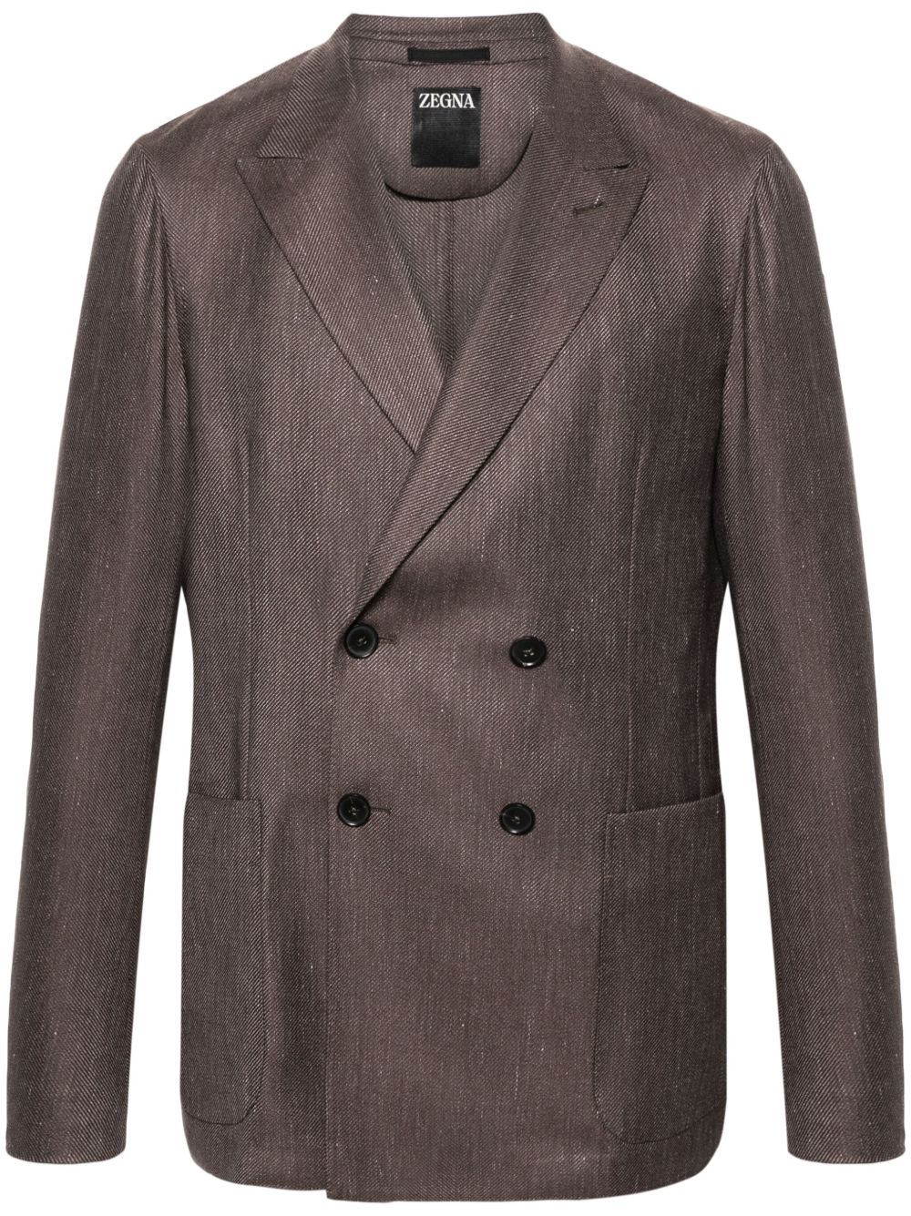 Zegna 双排扣斜纹布西装夹克 - 褐色