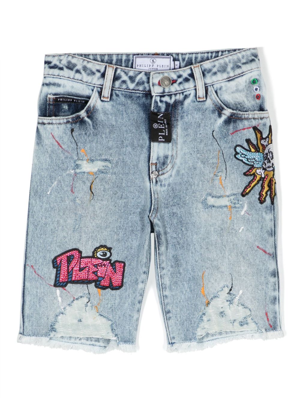 Philipp Plein Junior 珠饰牛仔短裤 - 蓝色