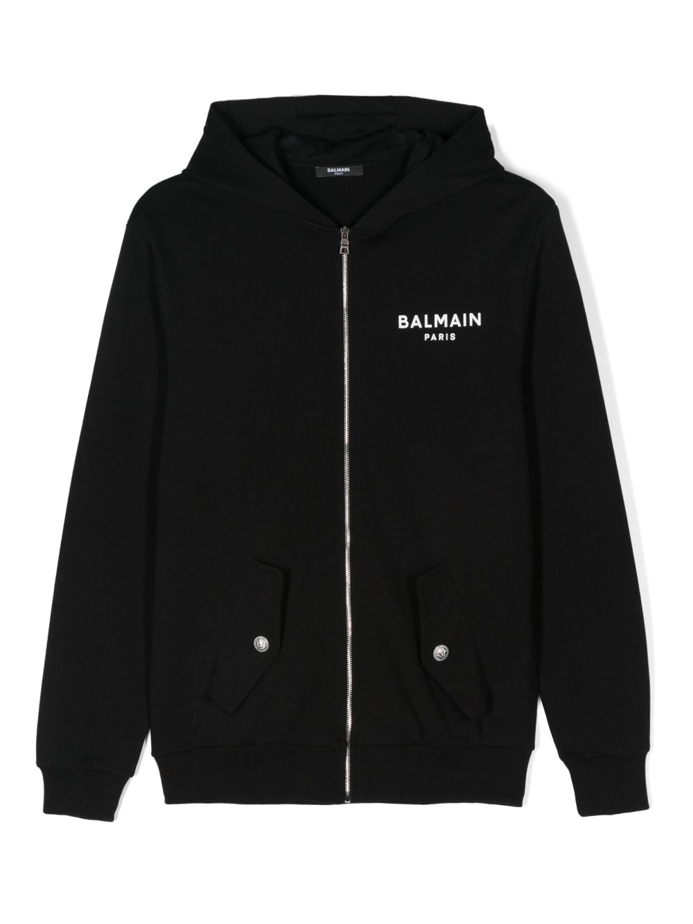 Balmain Kids logo印花棉拉链连帽衫 - 黑色