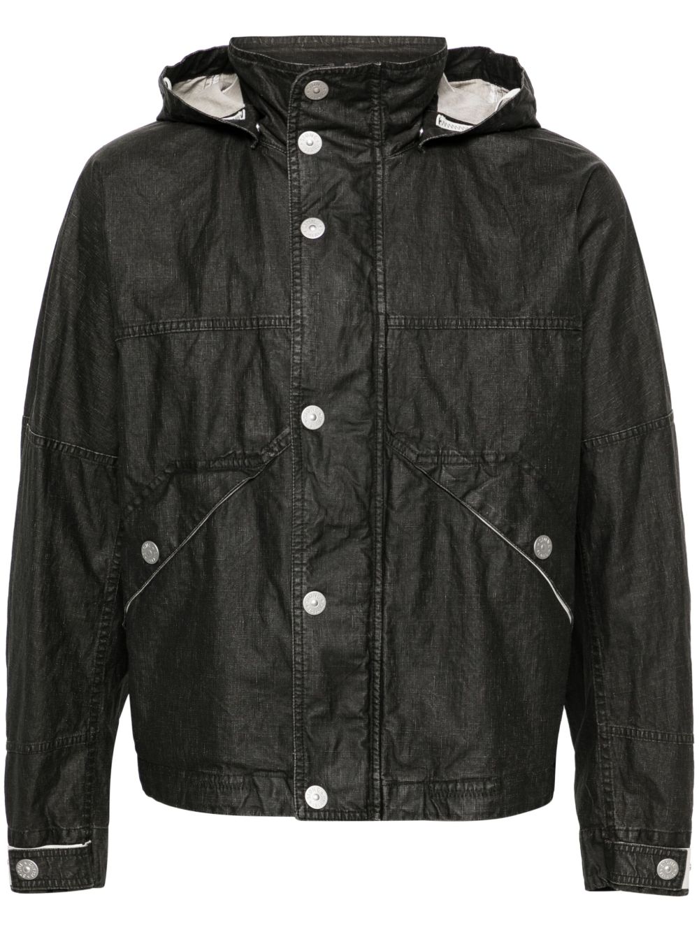 Stone Island logo印花连帽亚麻夹克 - 黑色