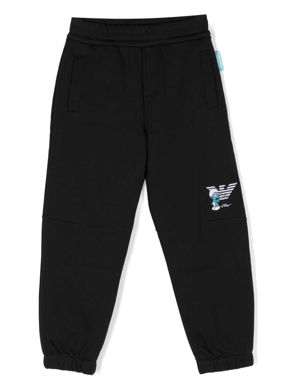 Emporio Armani Kids x Smurfs logo刺绣运动裤 - 黑色