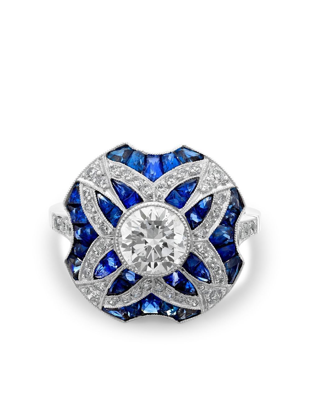 Pragnell Vintage Art Deco 铂金钻石蓝宝石鸡尾酒戒指 - 银色