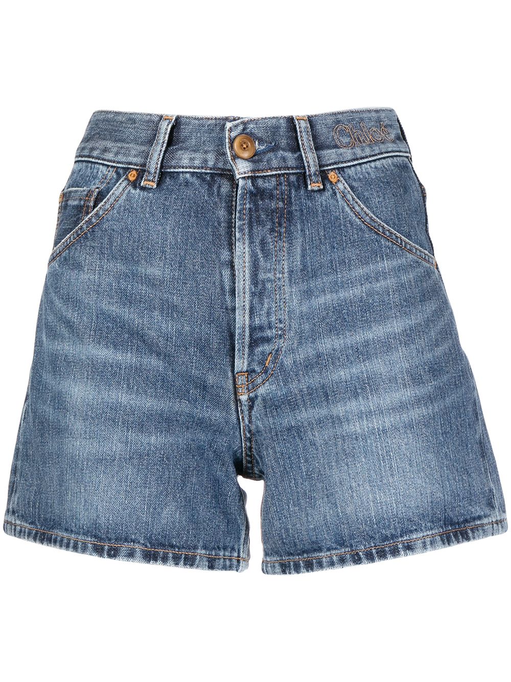 Chloé 刺绣高腰牛仔短裤 - 蓝色
