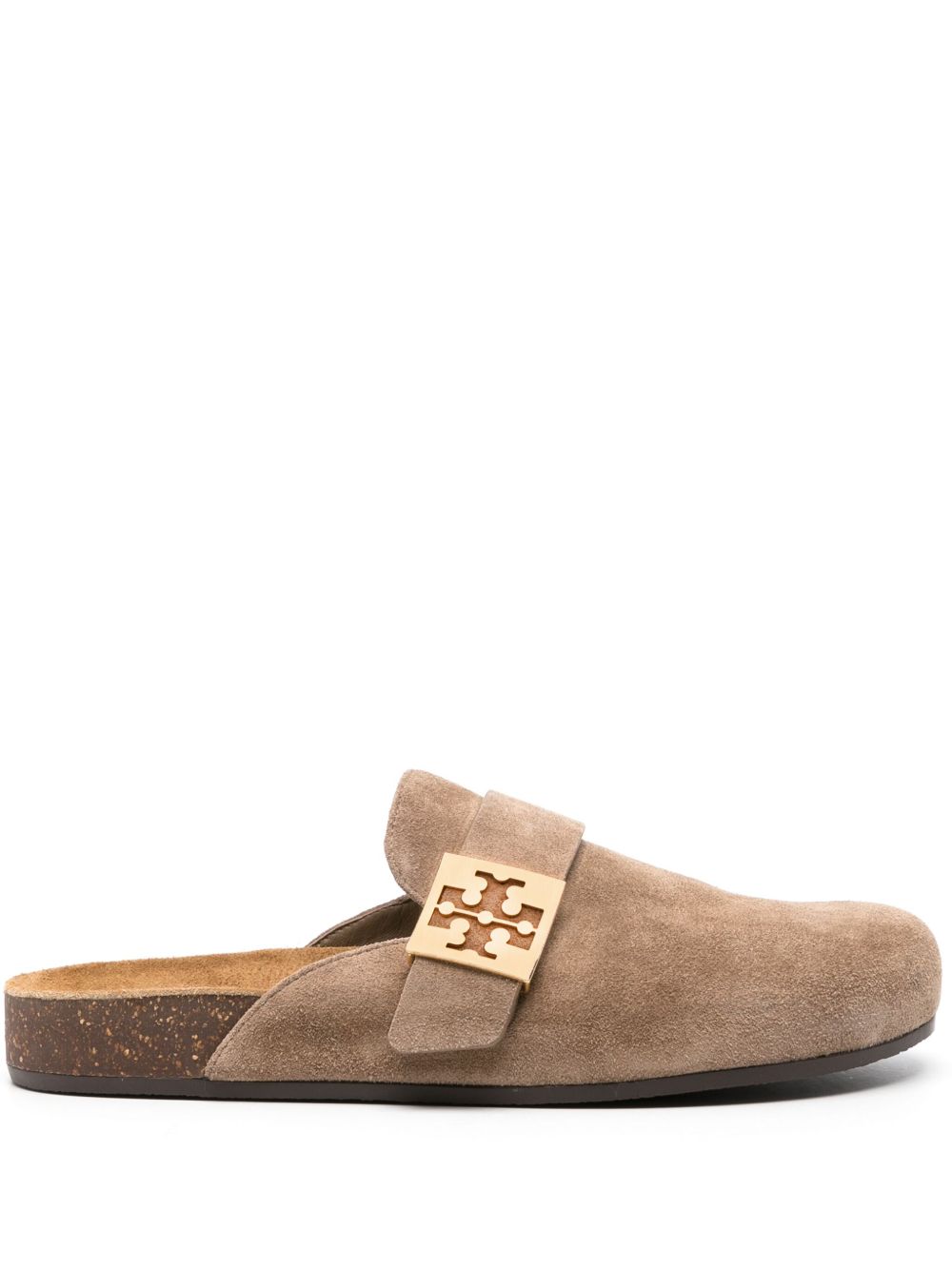 Tory Burch logo标牌绒面皮穆勒鞋 - 褐色