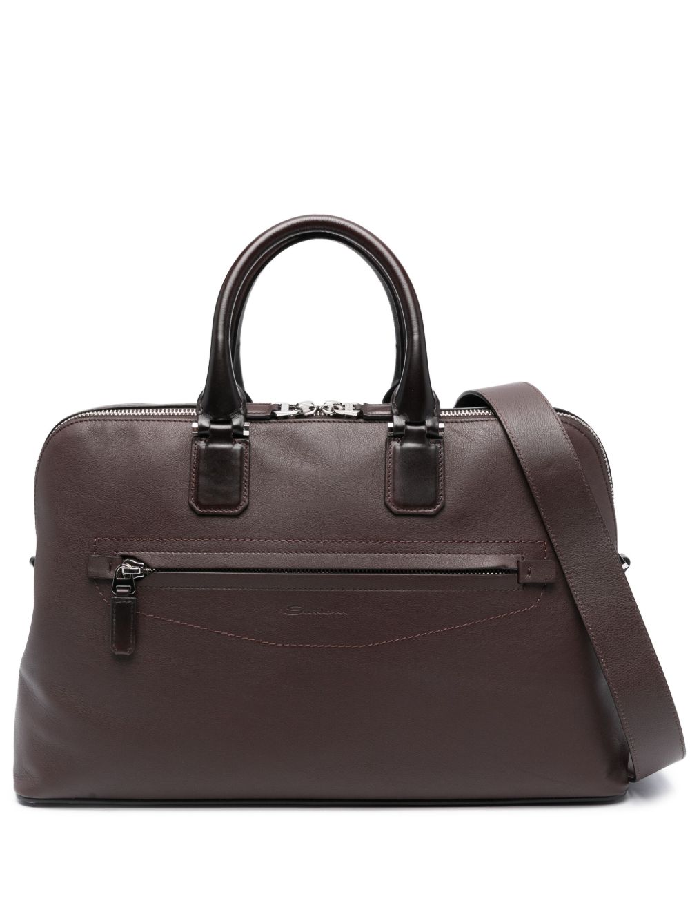 Santoni 凹面压花logo皮质电脑包 - 褐色