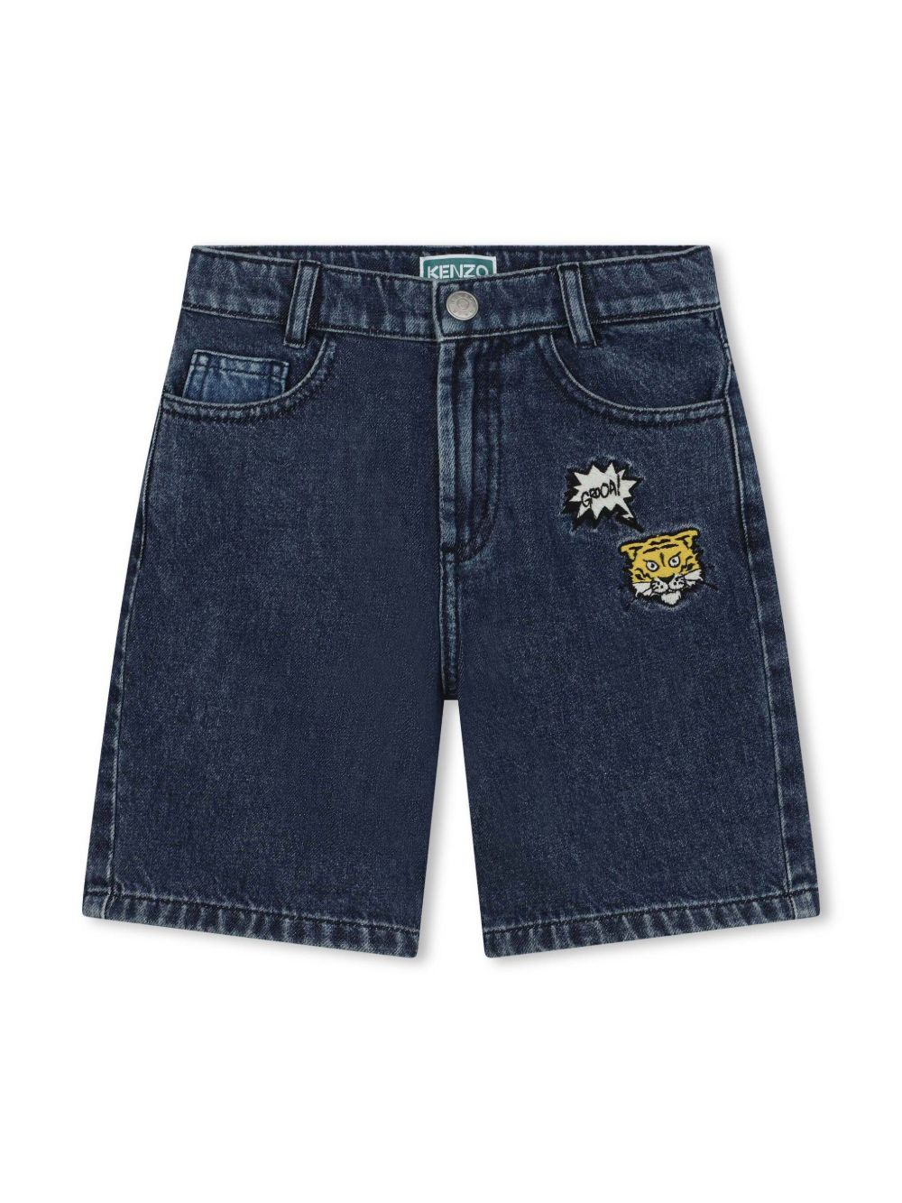 Kenzo Kids 老虎刺绣中腰牛仔短裤 - 蓝色