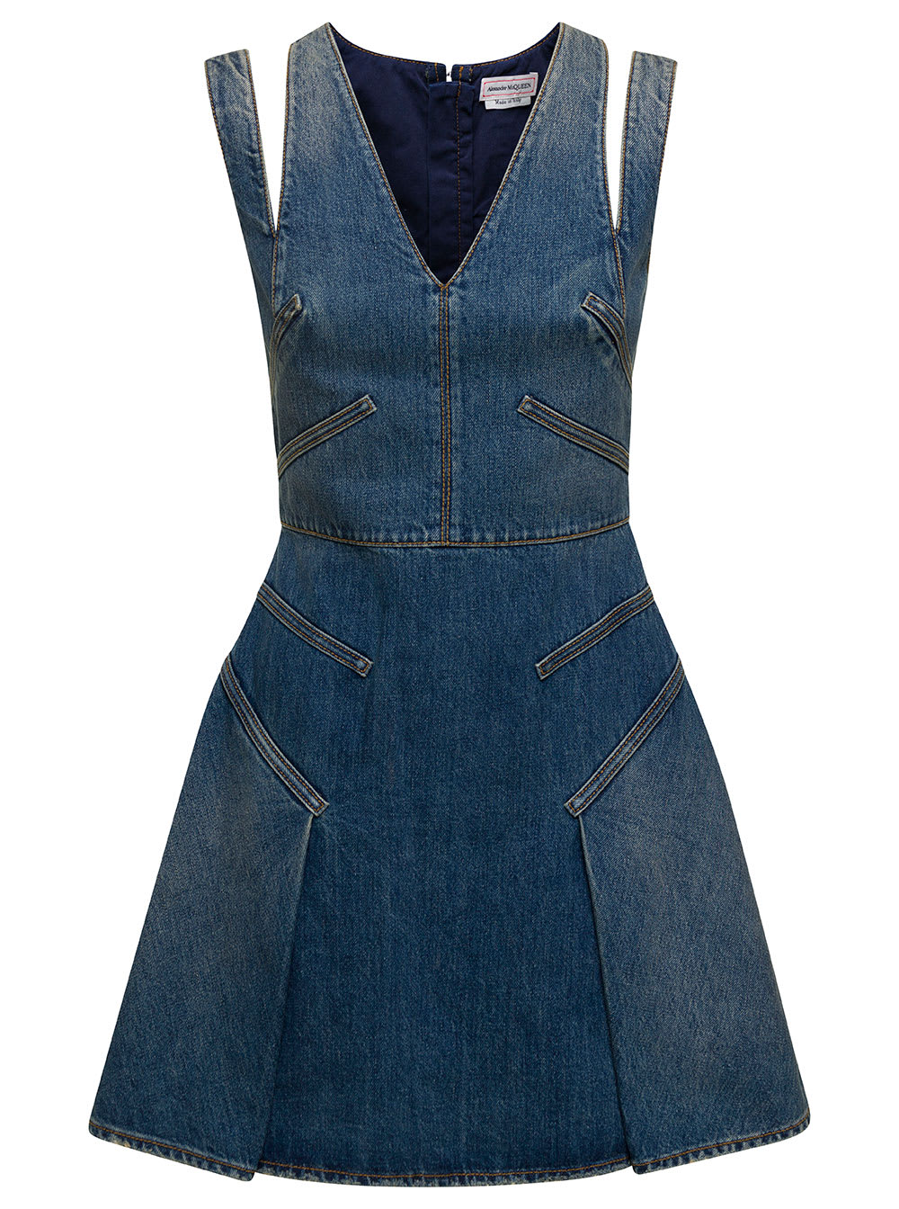 Alexander McQueen V-neck Pleated Denim Mini Dress